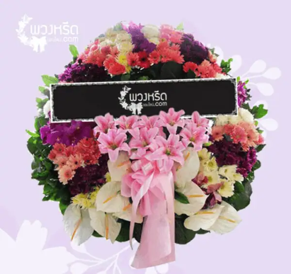 พวงหรีดดอกไม้ขนาดเส้นผ่านศูนย์กลางประมาณ 120-130 cm. พวงหรีดดอกไม้สด ขนาดเส้นผ่านศูนย์กลางประมาณ 120-130 cm.