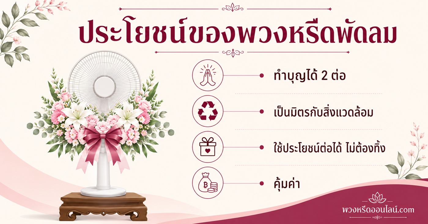 ประโยชน์ของพวงหรีดพัดลม — ทำบุญ 2 ต่อ ใช้ต่อได้ เป็นมิตรกับสิ่งแวดล้อม คุ้มค่า